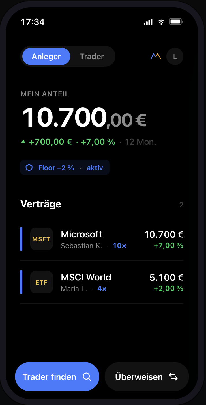 Marverage App · Anleger-Dashboard mit Floor −2 % aktiv