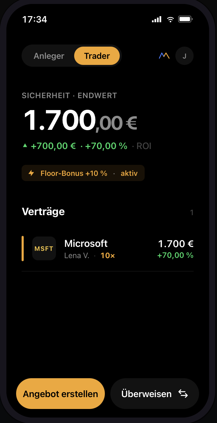 Marverage App · Trader-Dashboard mit Floor-Vergütung +10 % aktiv