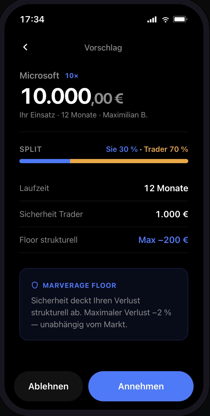 Marverage App · Vorschlag-Screen für Anleger